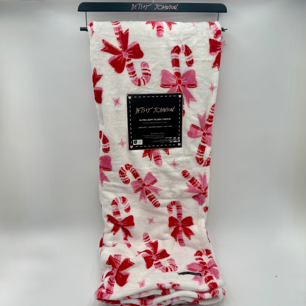 Betsey Johnson Plush Throw Christmas Blanket Candy Cane Bows Soft Cozy Holiday